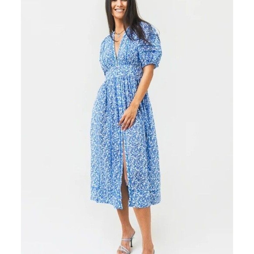 Poupette St. Barth Blue Floral Reine Midi Dress Small 100% Cotton Cottagecore